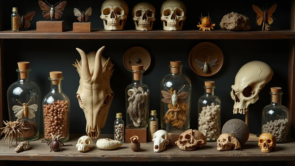 Popular oddities: shelf with preserved insects, anatomy models, animal skulls, fossils, Victorian bottles, photorealistic dark academia study