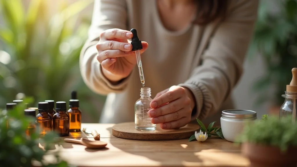 essential oil safety blending with glass dropper and dilution jars on wood table